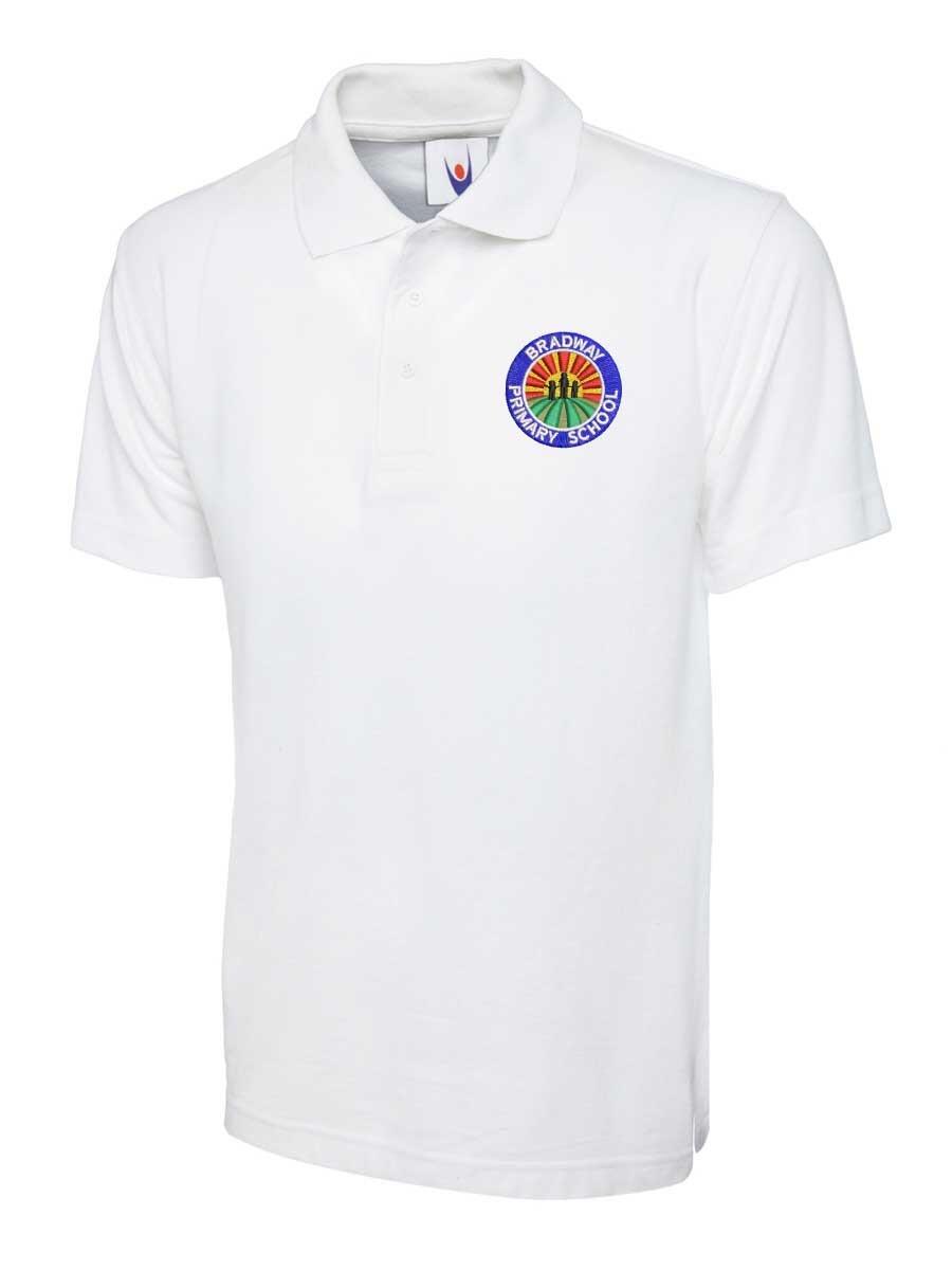 A white polo shirt with a collar and short sleeves. It features a colourful embroidered logo on the left chest that reads "Bradway Primary School" around a sun and hills graphic.
