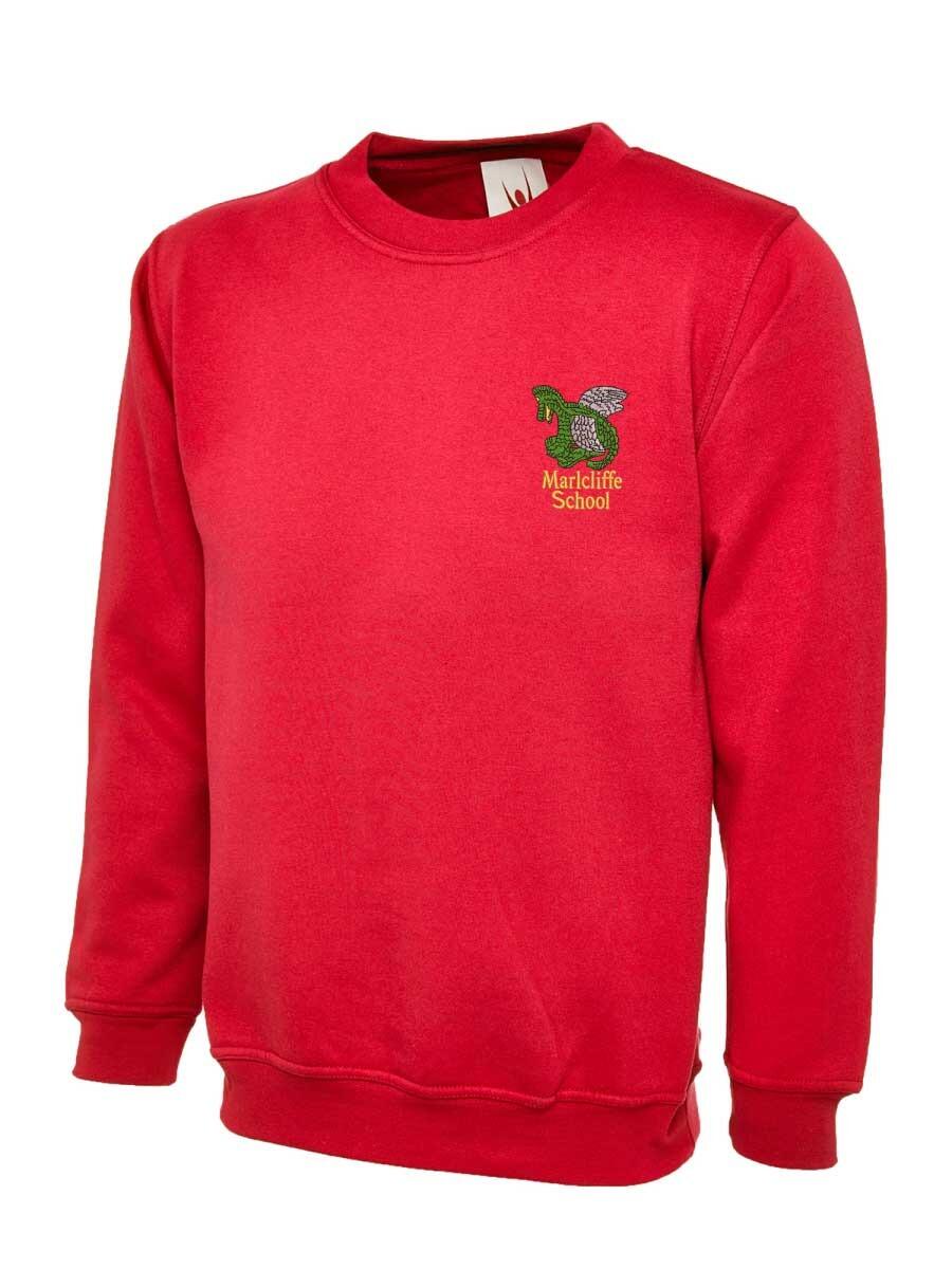 Red crewneck sweatshirt with long sleeves featuring an embroidered green and yellow emblem on the chest, with the text "Marlcliffe School."