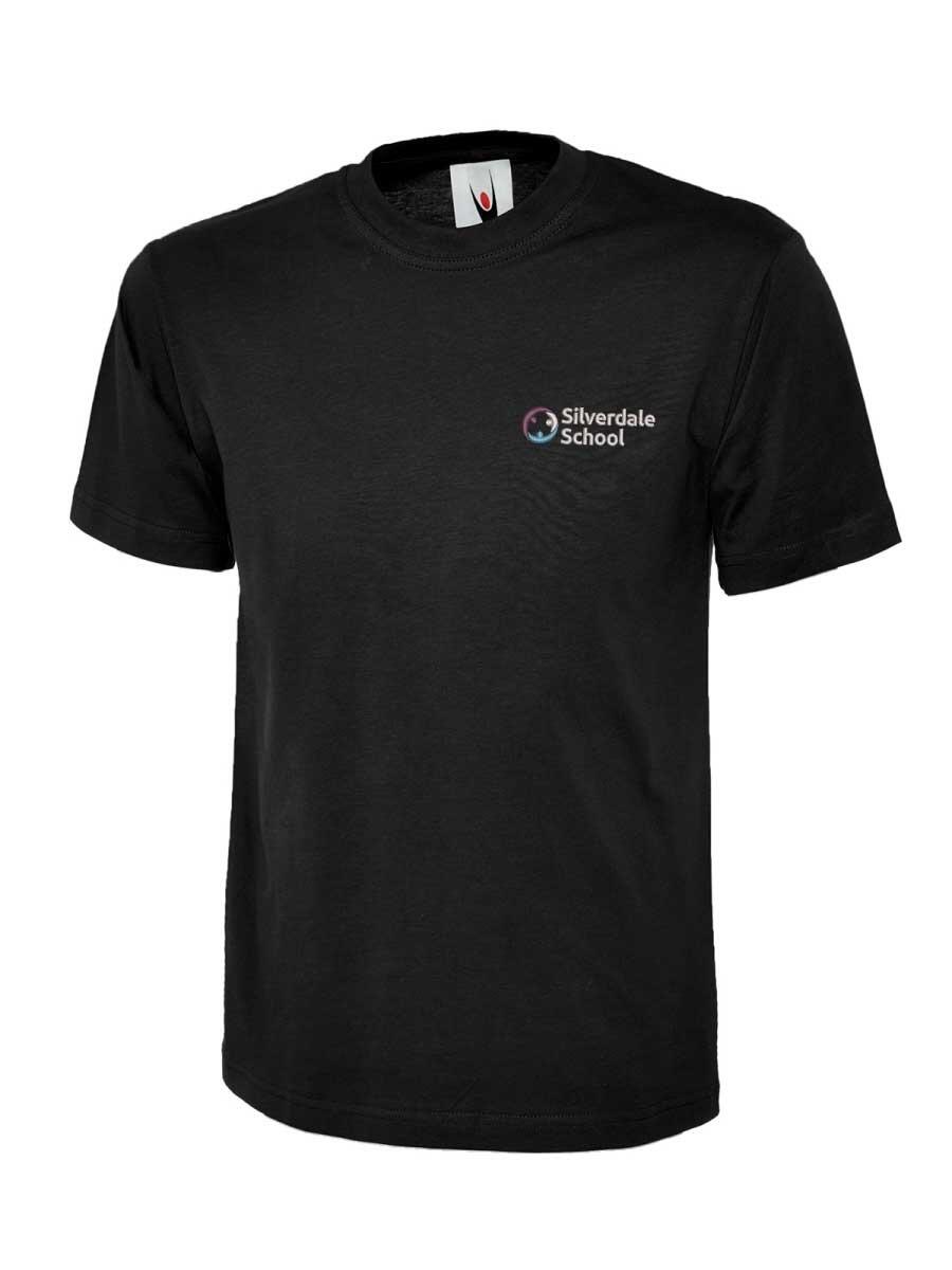 Black t-shirt with "Silverdale School" logo on the left chest area.