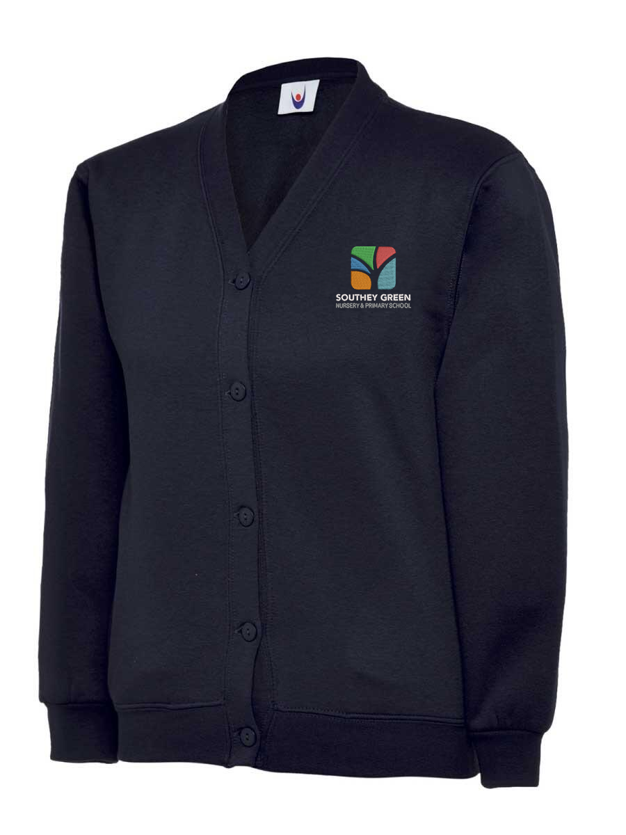 A navy, button-up cardigan is displayed. It features blue embroidery on the left chest with the words "Southey Green Primary." The cardigan has a V-neck.