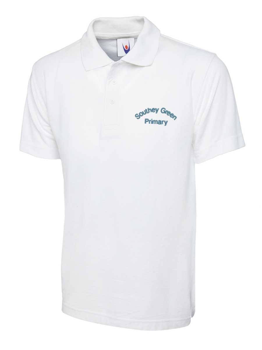 White polo shirt with a collar and short sleeves. The shirt features an embroidered logo that reads "Southey Green Primary" in blue text on the left chest area.