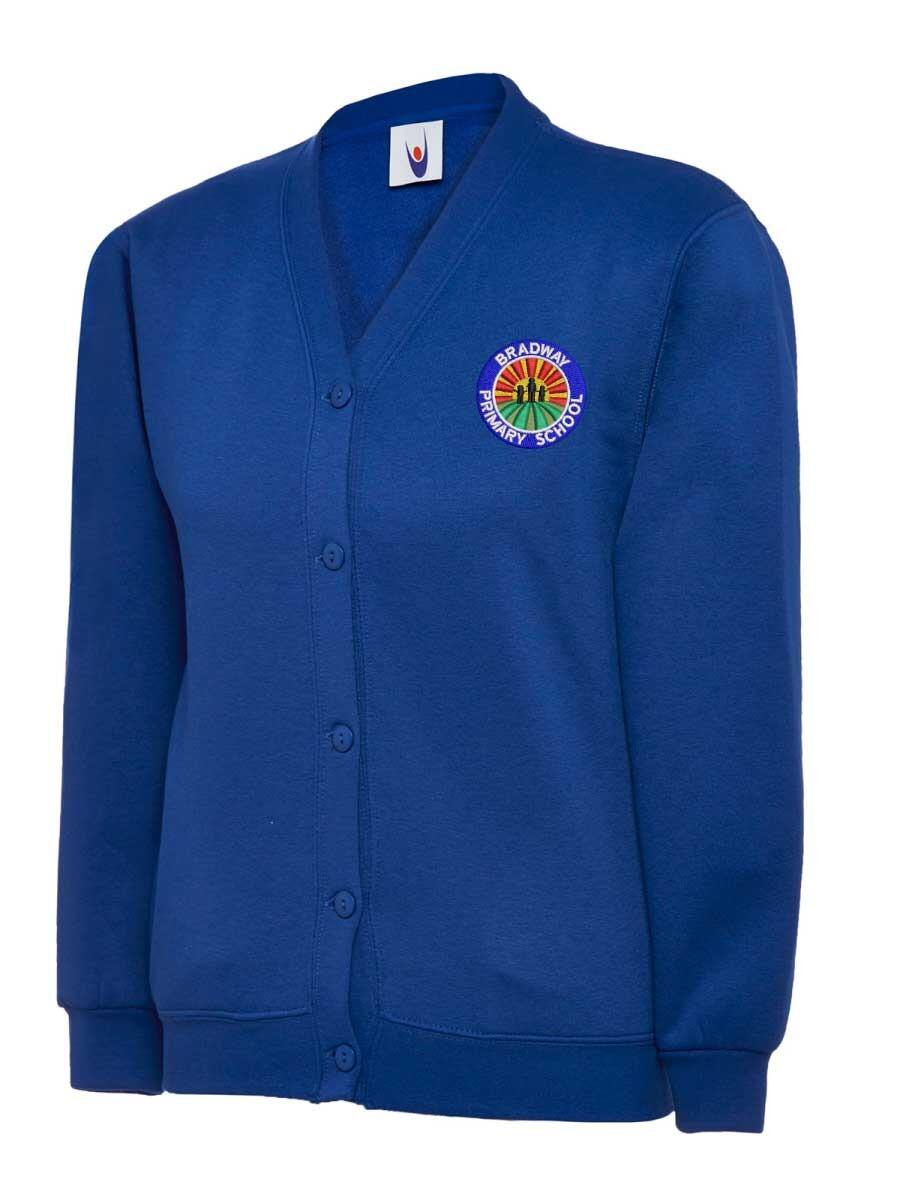 A blue crewneck cardigan featuring an embroidered emblem on the chest with the text "Bradway Primary School" and a small image within the emblem.