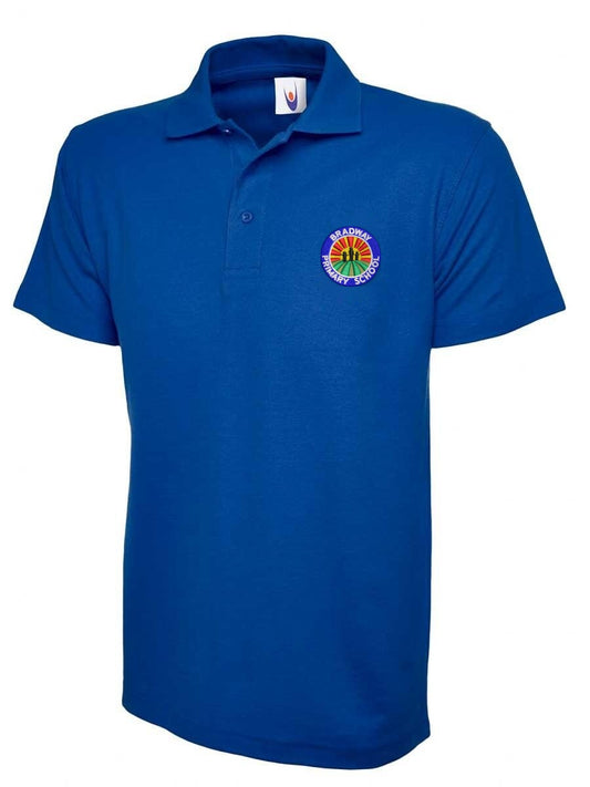 A royal blue short-sleeve polo shirt with a small circular multicolor embroidered logo on the left chest, displayed on a clean white background.