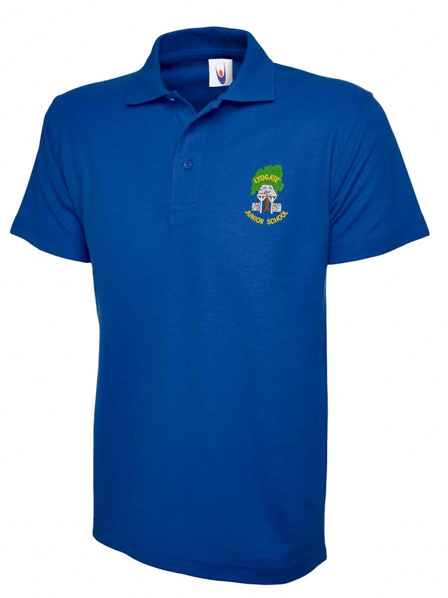 Blue polo shirt featuring a collar and short sleeves. There is a small embroidered logo on the left chest, depicting a figure with a sword and text around it. The shirt is displayed against a plain white background.