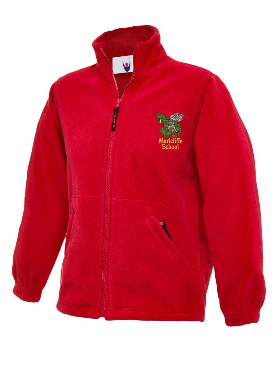 Red zip-up fleece jacket with long sleeves, featuring two front pockets. The left chest area is embroidered with a green emblem and the words "Marlcliffe School.