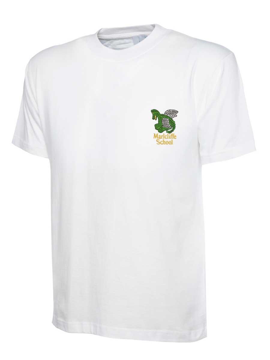 White T-shirt featuring a small green turtle and yellow text logo on the left chest area that reads "Marlcliffe School.