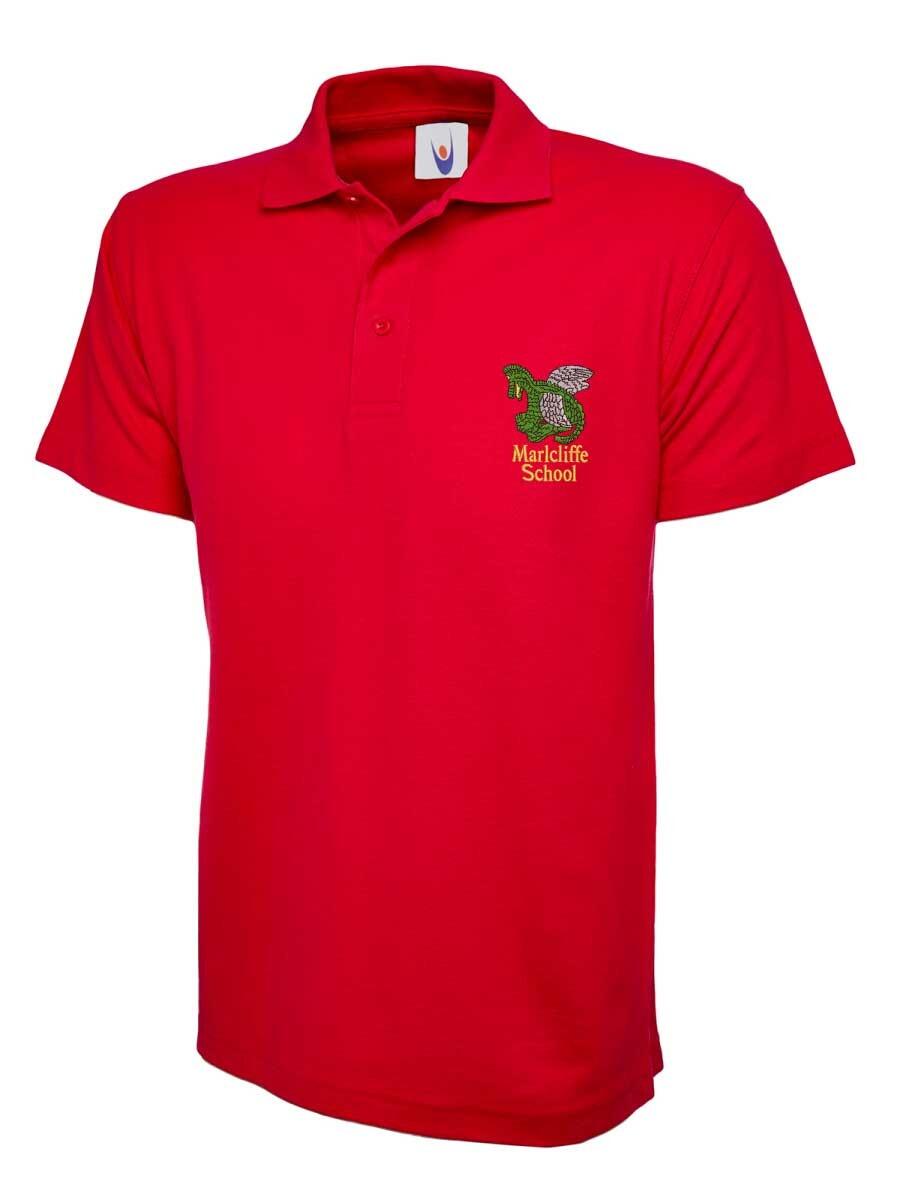 Red short-sleeve T-shirt with a green and yellow embroidered crest on the left chest, with the text "Marlcliffe School."