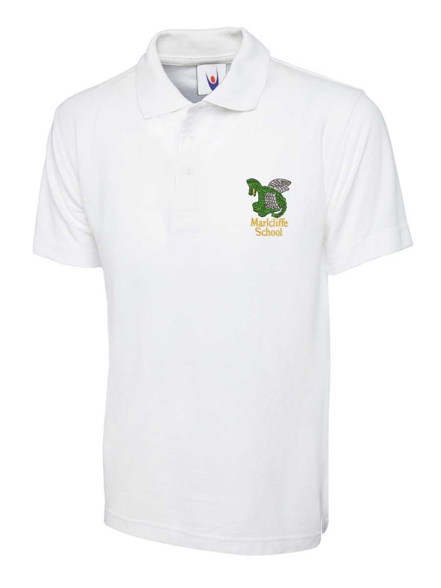 White short-sleeve T-shirt with a green and yellow embroidered crest on the left chest, with the text "Marlcliffe School."
