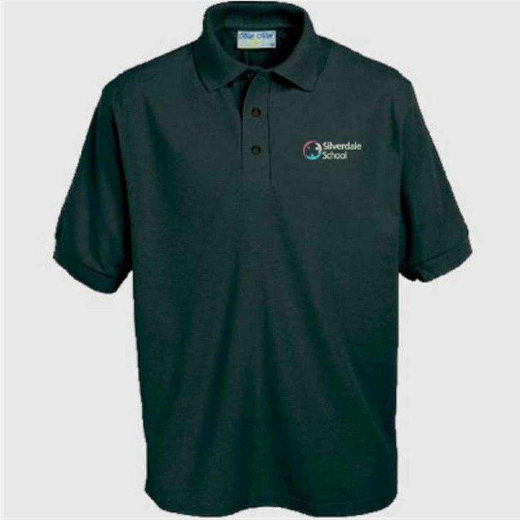 Black Silverdale School polo shirt with flat-knit collar and ribbed cuffs