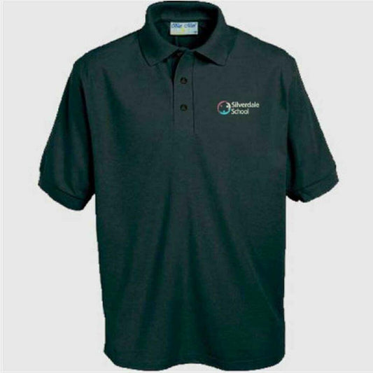 Black Silverdale School polo shirt with flat-knit collar and ribbed cuffs