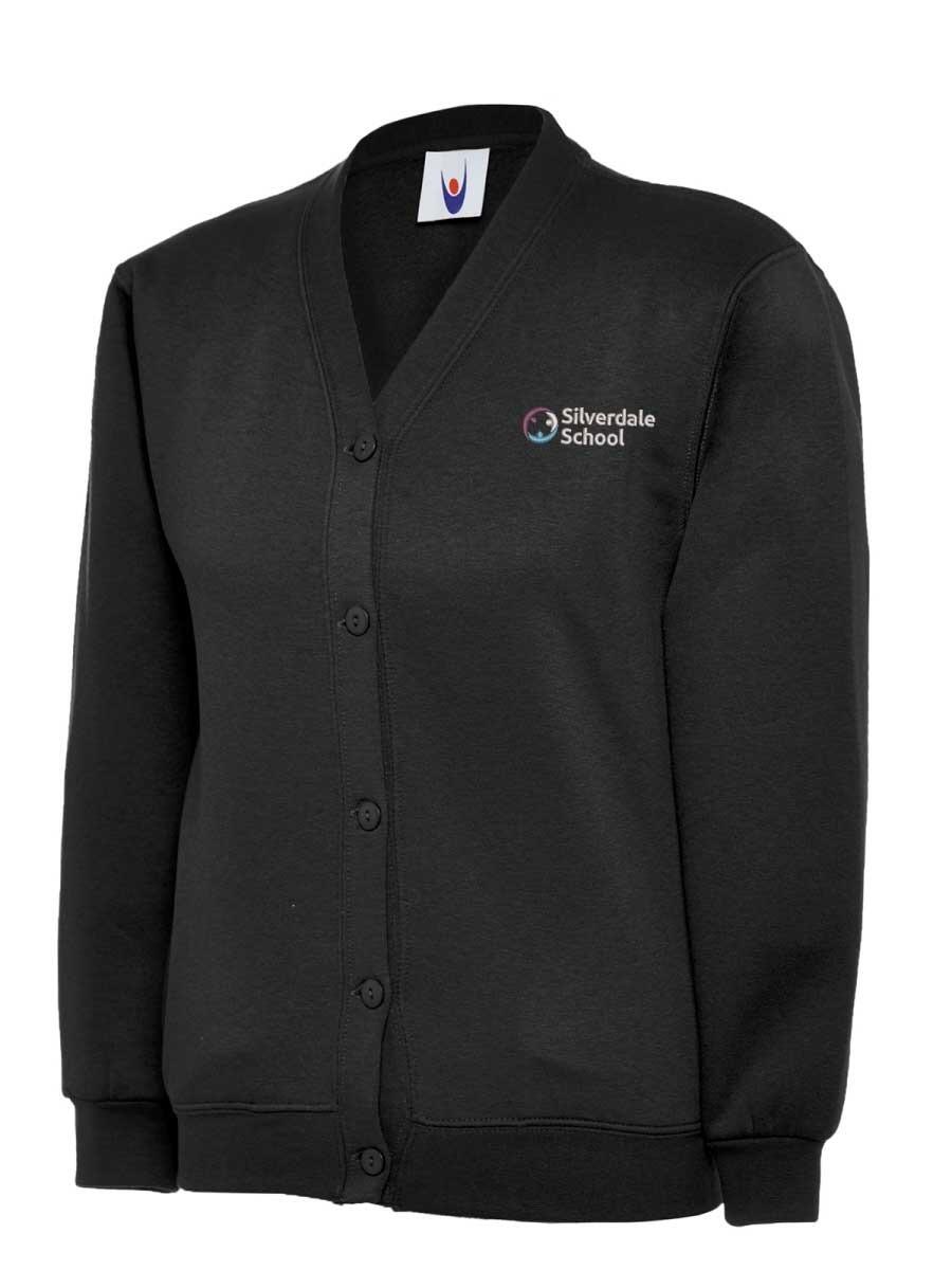 A black button-up cardigan with the Silverdale School logo on the left chest. It features a V-neck. The cardigan is made of a soft material and designed for casual wear.