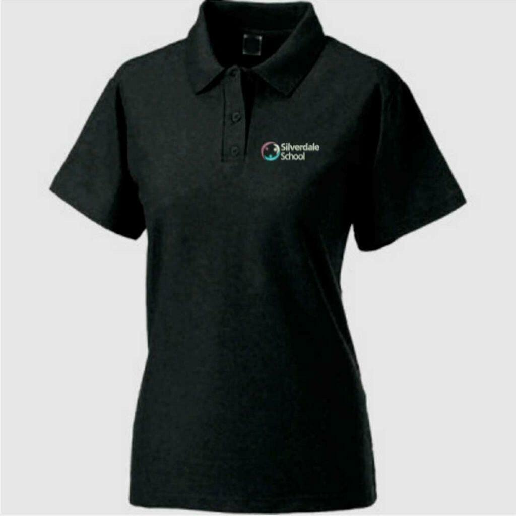 Black Silverdale School ladies polo shirt, shaped fit with side vents and ribbed cuffs