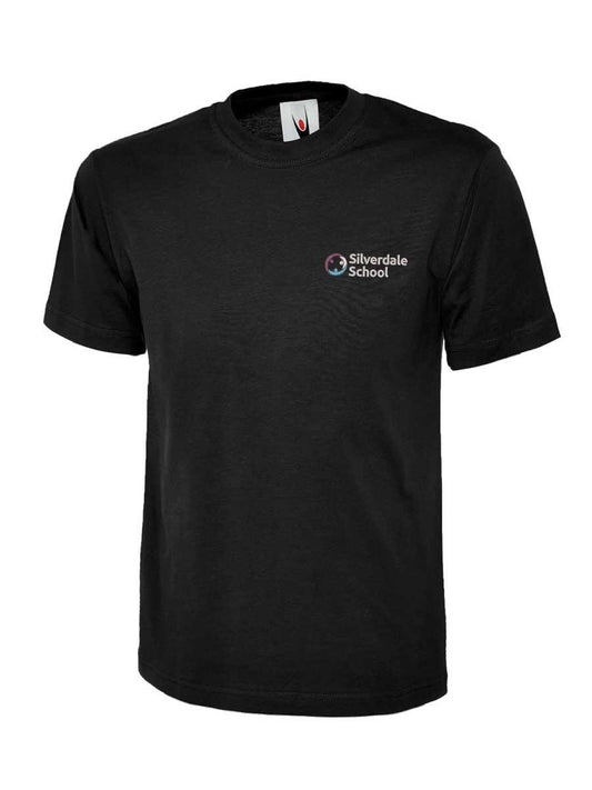 Black t-shirt with "Silverdale School" logo on the left chest area.