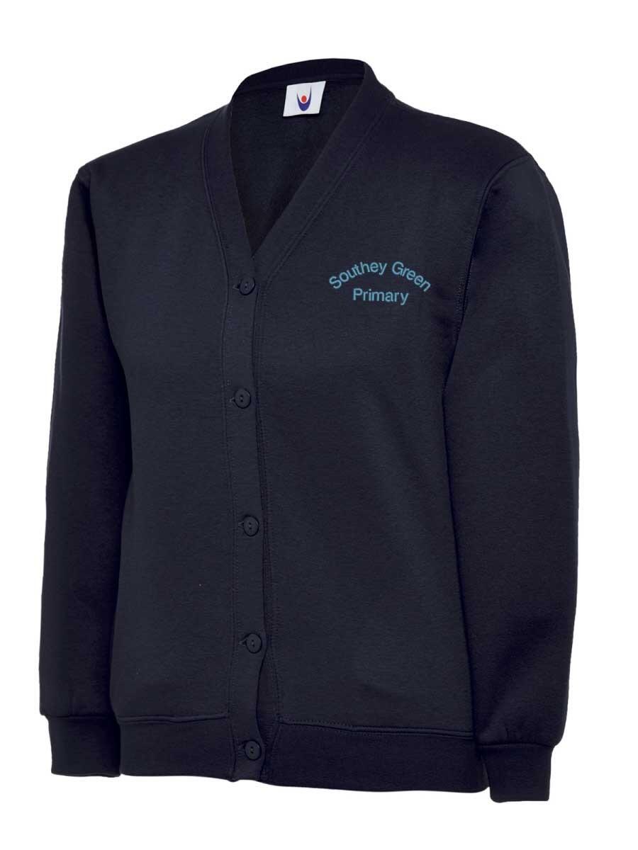 A navy, button-up cardigan is displayed. It features blue embroidery on the left chest with the words "Southey Green Primary." The cardigan has a V-neck.
