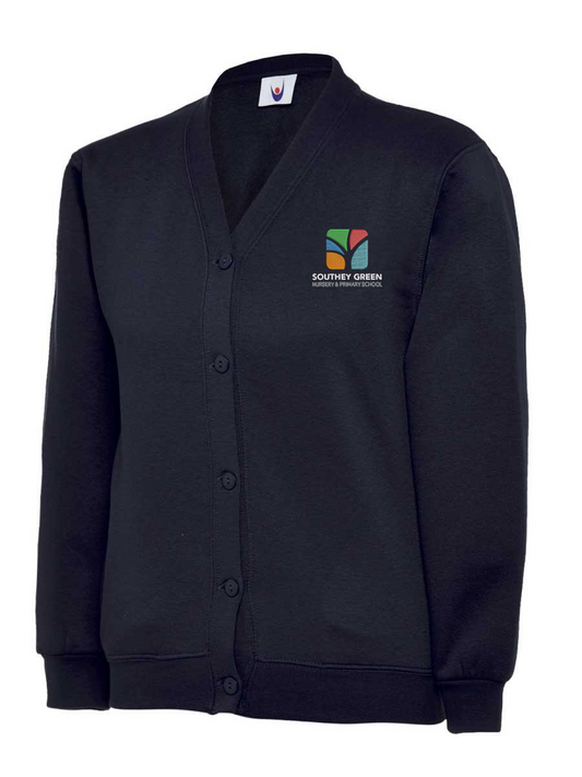 A navy, button-up cardigan is displayed. It features blue embroidery on the left chest with the words "Southey Green Primary." The cardigan has a V-neck.