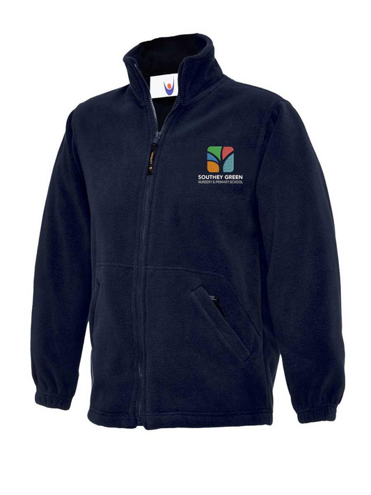A navy blue fleece jacket with a full zipper, featuring the text "Southey Green Primary" embroidered in blue on the left chest. The jacket has two side pockets and elastic cuffs.