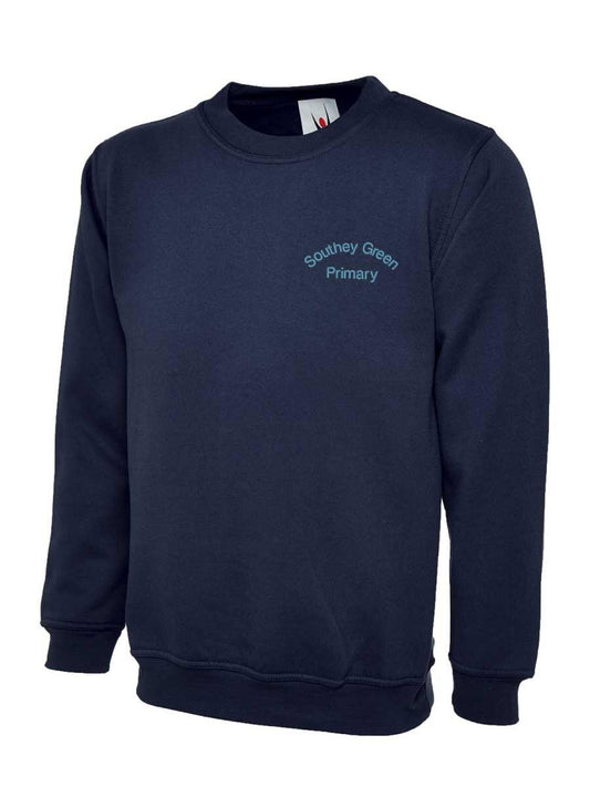 A navy blue sweatshirt with "Southey Green Primary" embroidered on the left chest. It has a crew neck and long sleeves, made from soft material.