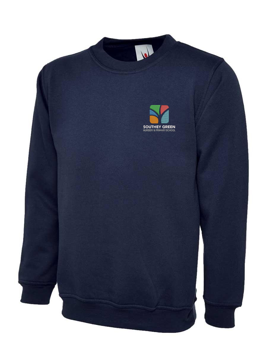 A navy blue sweatshirt with "Southey Green Primary" embroidered on the left chest. It has a crew neck and long sleeves, made from soft material.