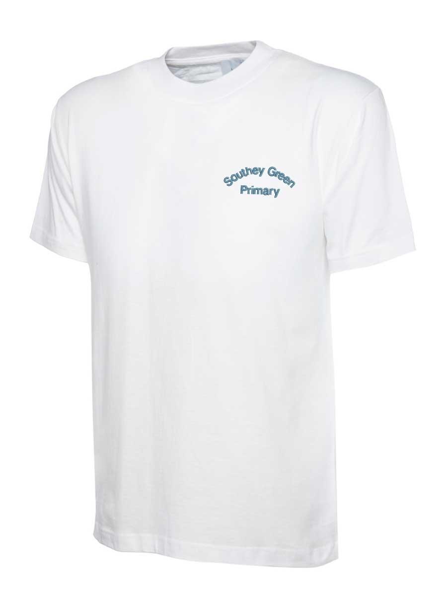 White T-shirt with blue text on the chest that reads "Southey Green Primary."