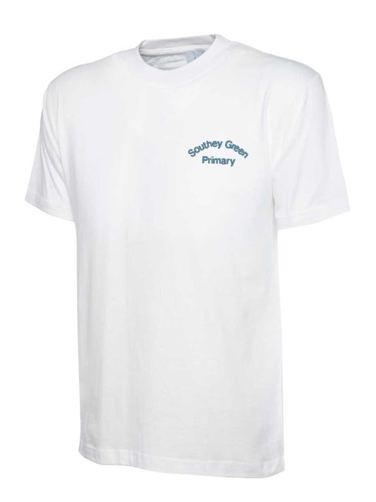 White T-shirt with blue text on the chest that reads "Southey Green Primary."