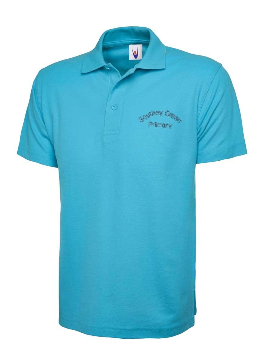 Sky polo shirt with a collar and short sleeves. The shirt features an embroidered logo that reads "Southey Green Primary" in blue text on the left chest area.