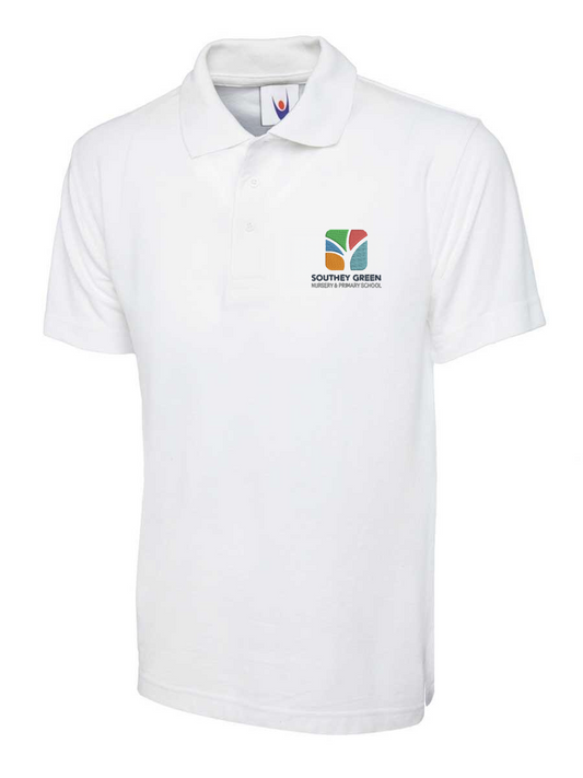 White polo shirt with a collar and short sleeves. The shirt features an embroidered logo that reads "Southey Green Primary" in blue text on the left chest area.