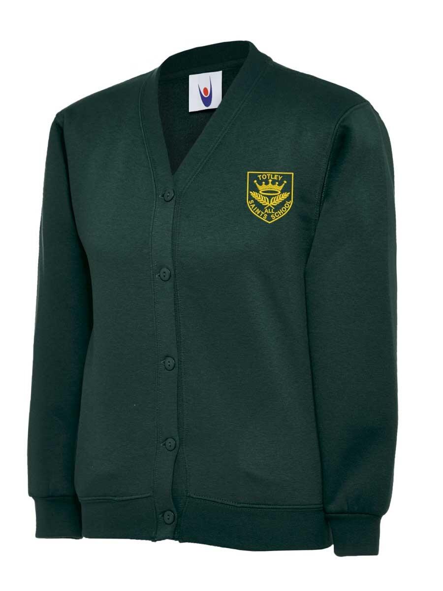A green cardigan with a V-neck and button closure. It features an embroidered yellow and green crest with text that reads "Totley Primary School" surrounding a tree design on the left chest.