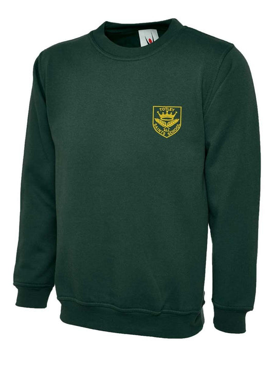 A plain dark green sweatshirt featuring a round neckline and long sleeves. The left chest area displays a yellow school crest with the text "Totley Primary School".