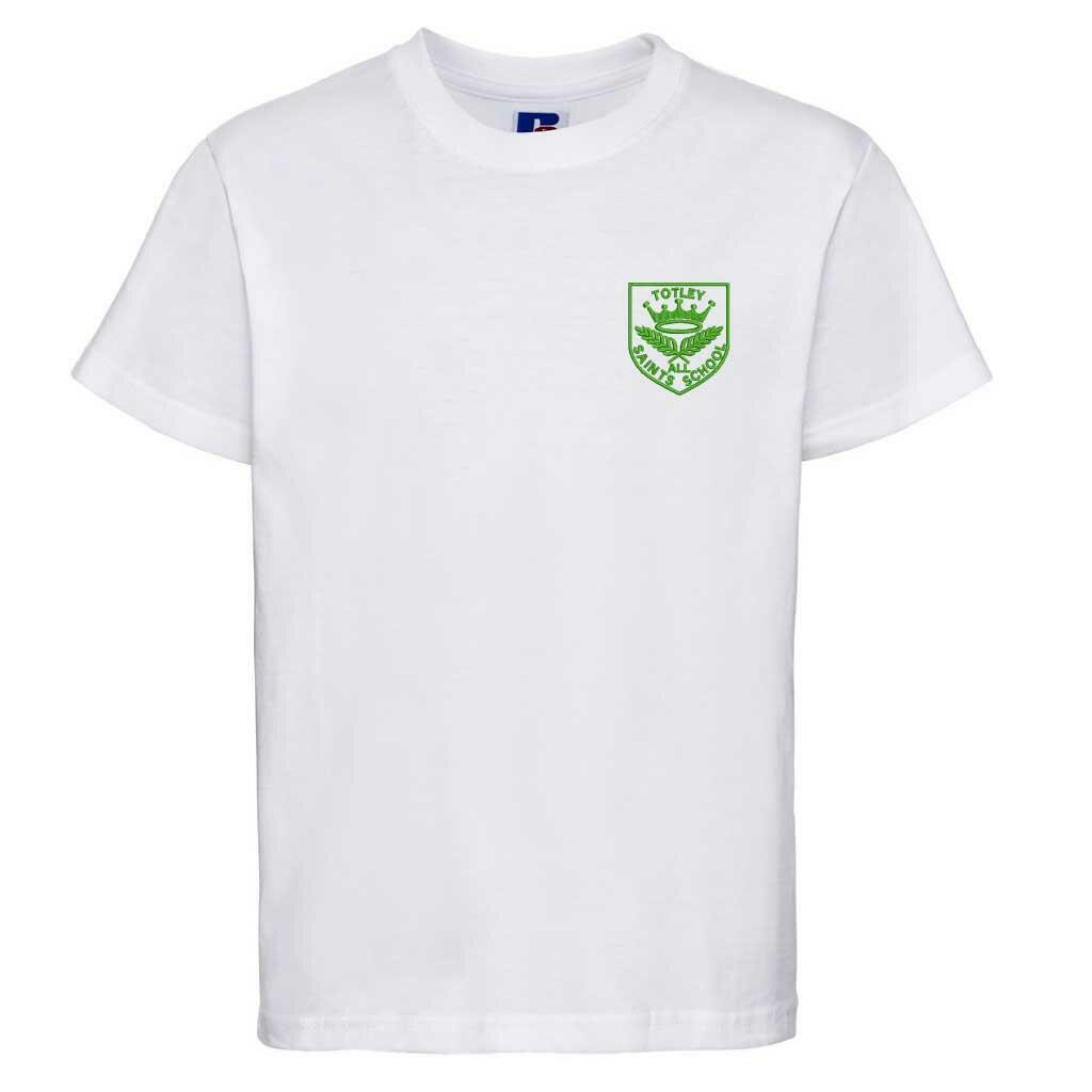 A plain white T-shirt with short sleeves featuring a small green emblem on the upper left chest. The emblem includes a crown and the text "Totley All Saints."