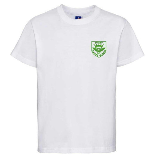 A plain white T-shirt with short sleeves featuring a small green emblem on the upper left chest. The emblem includes a crown and the text "Totley All Saints."